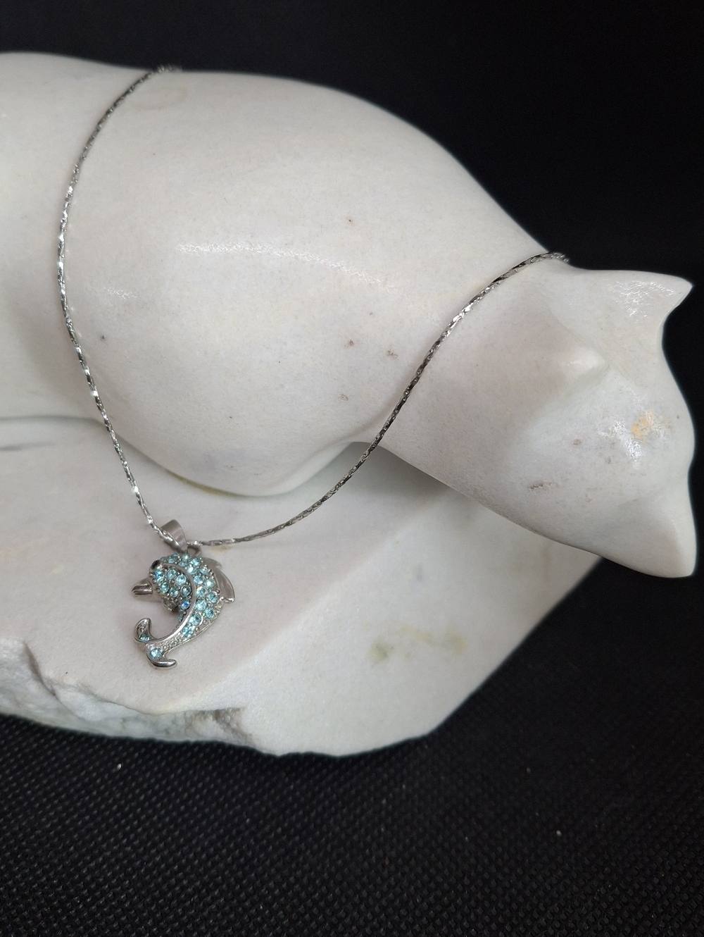 Gold Plated Hallmark Dolphin Pendant Necklace with Aqua Crystals